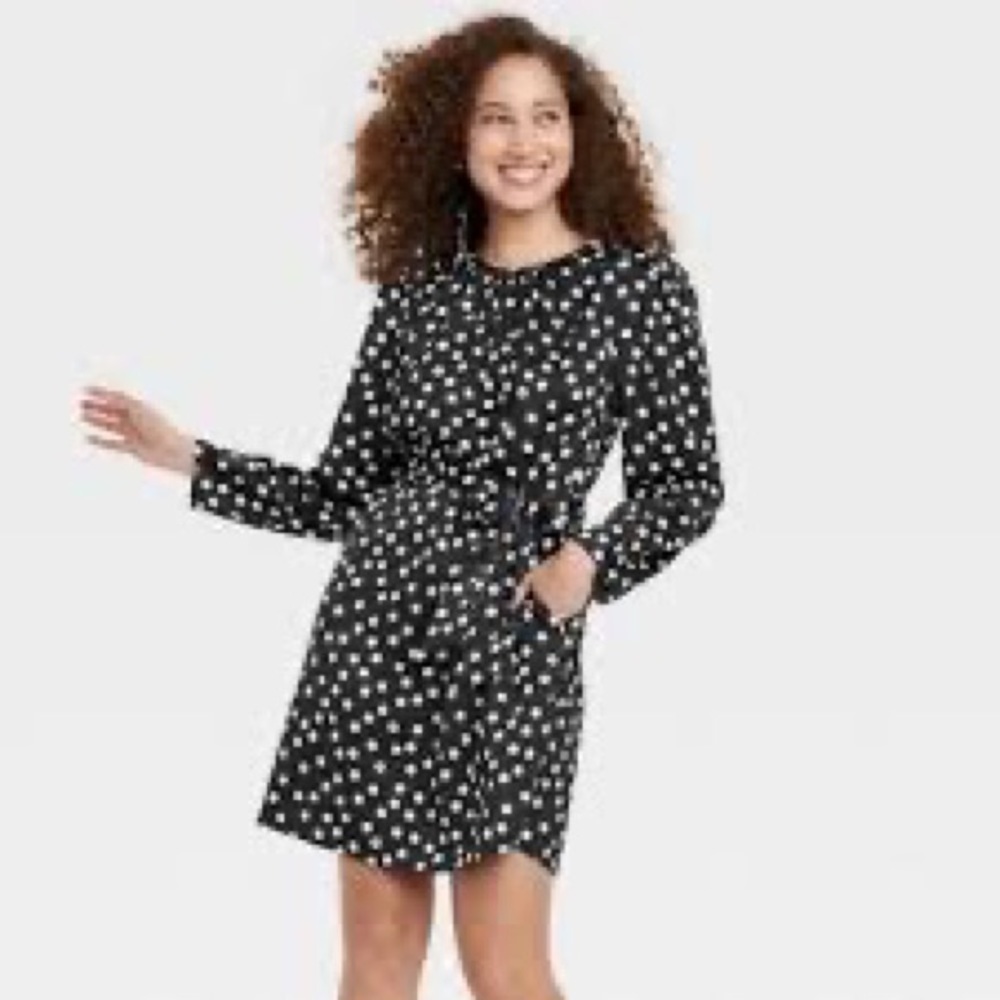 NWT Long Sleeve A-Line Mini Dress - A New Day - Black White Polka Dot